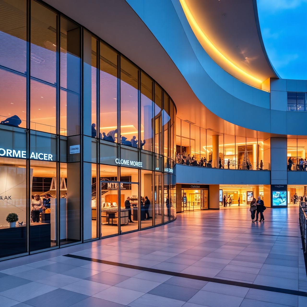 Fachada arquitetônica de um shopping moderno ao entardecer