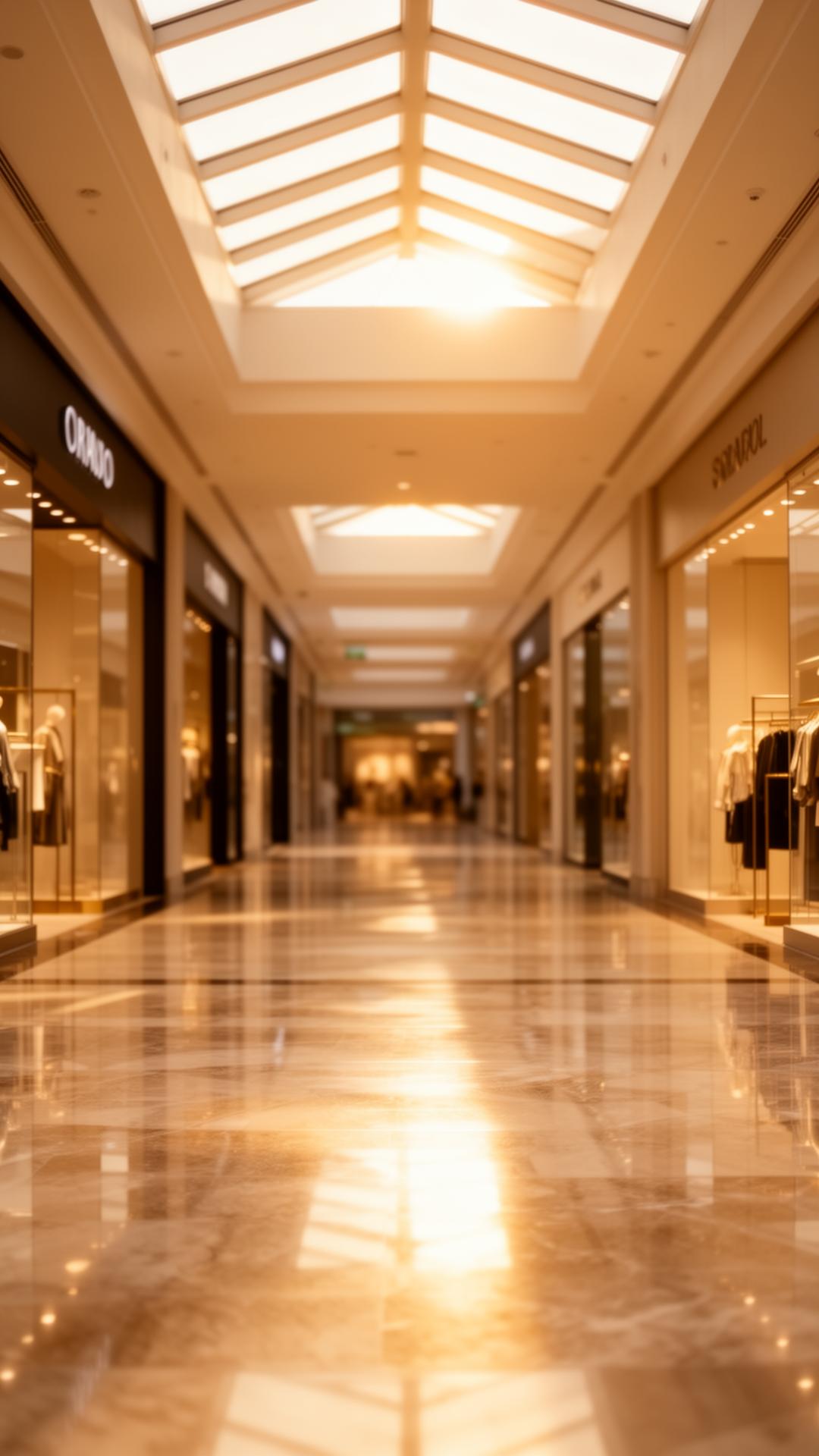 Interior elegante de um shopping center premium iluminado pela luz dourada do entardecer